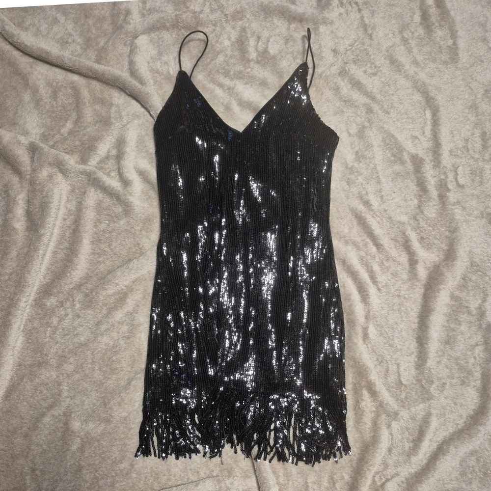 Forever 21 Black Sequin Fringe Mini Dress V-Neck Spaghetti Strap Small LBD